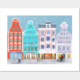 Winter City with Colorful Vintage Houses in the snow Posters and Art